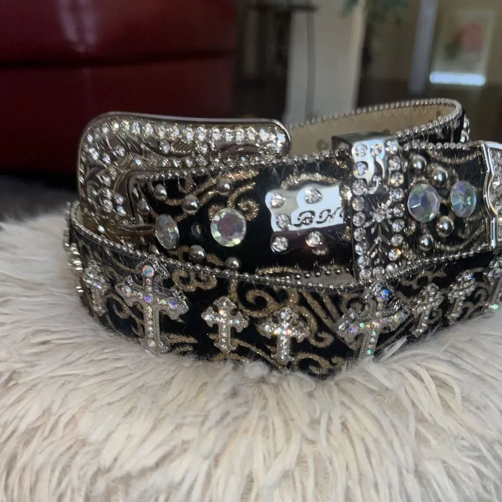 BHW Genuine Leather Cross Rhinestone Western Cowgirl Bling Belt Size large nwot